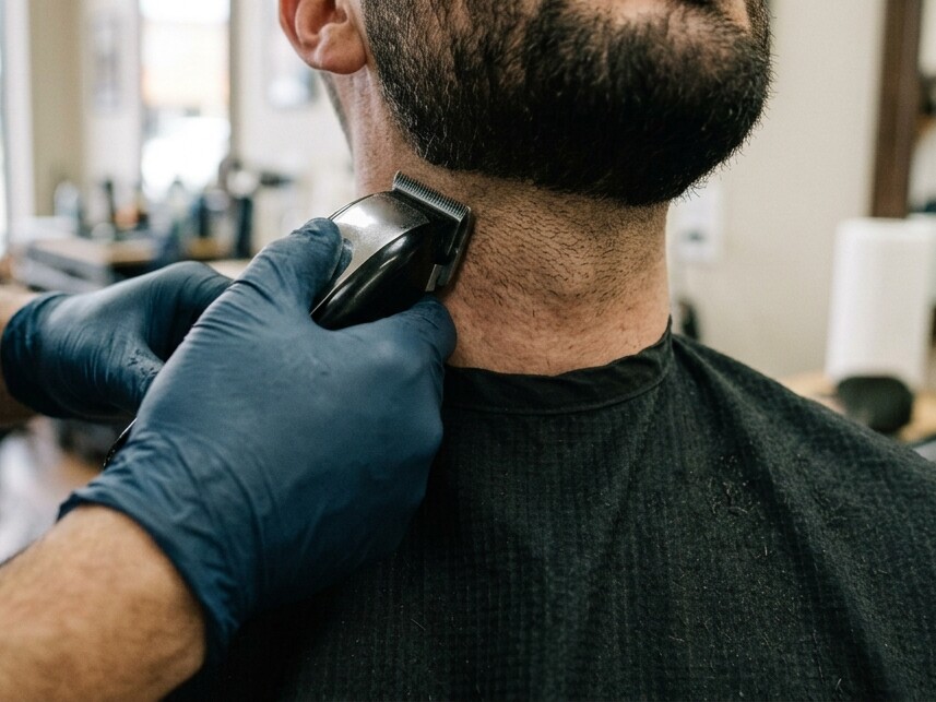 Illustration: a barber in blue gloves trimming the neckline under a client's beard