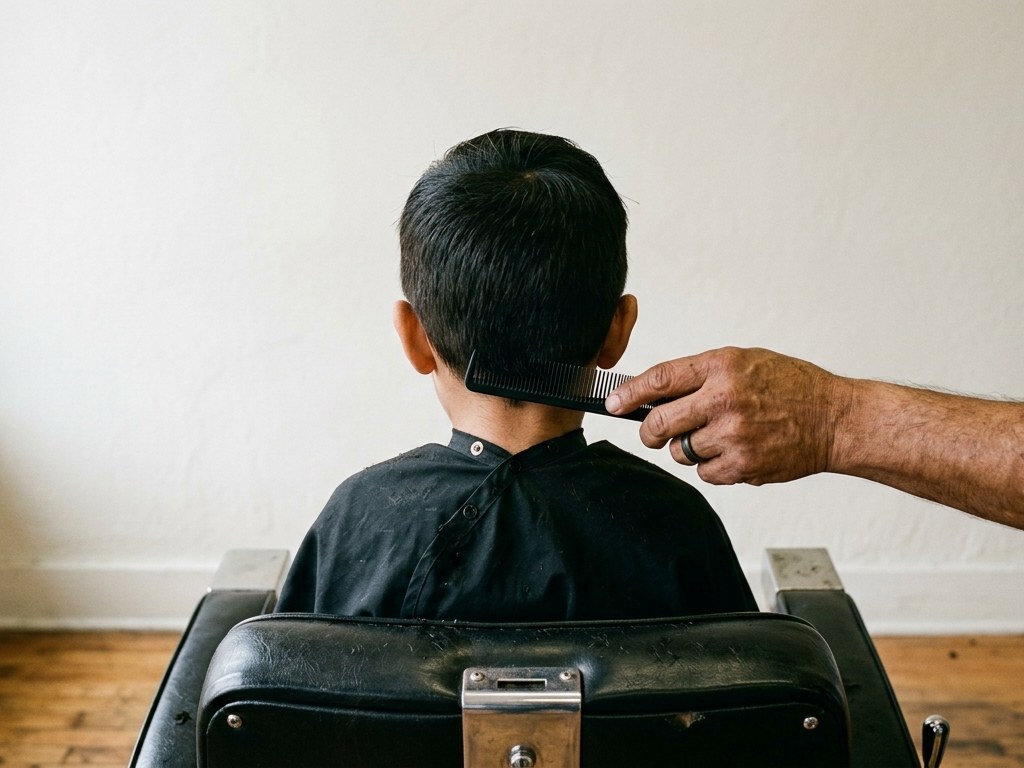 Illustration: from behind, a boy in a black cape sits in a barber chair while a barber combs the back of his hair