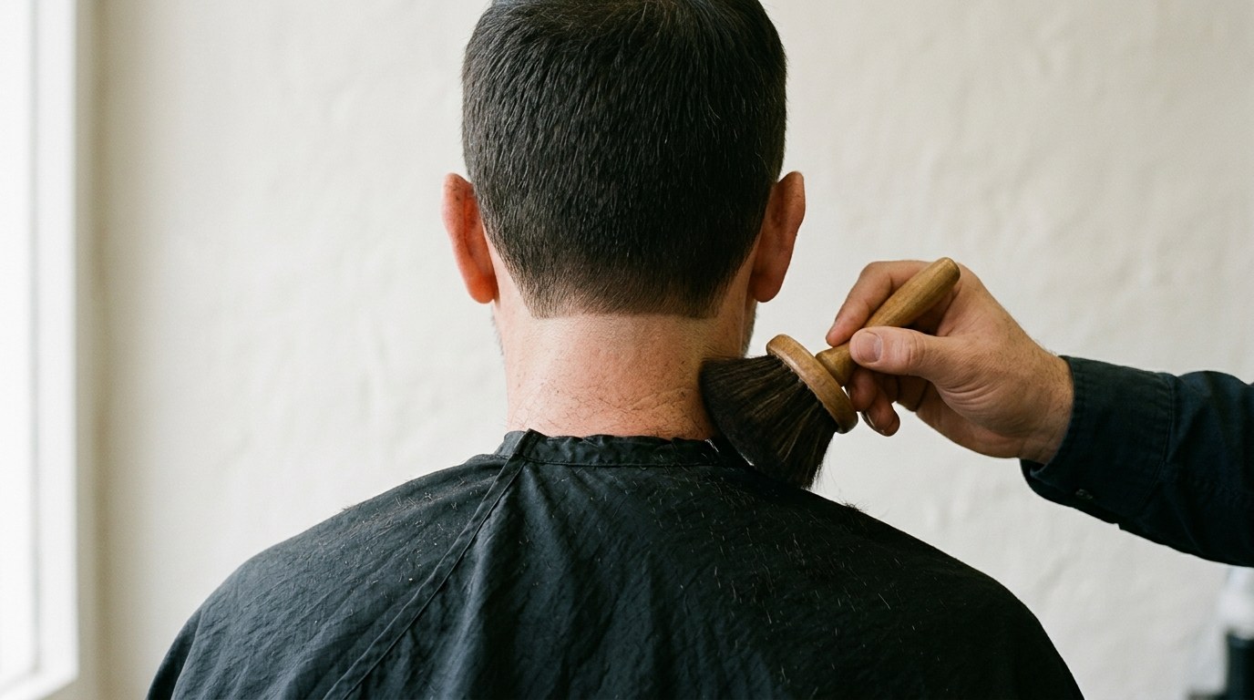 Illustration: from behind, a barber brushes loose hair off a client's neckline with a wooden-handled neck brush