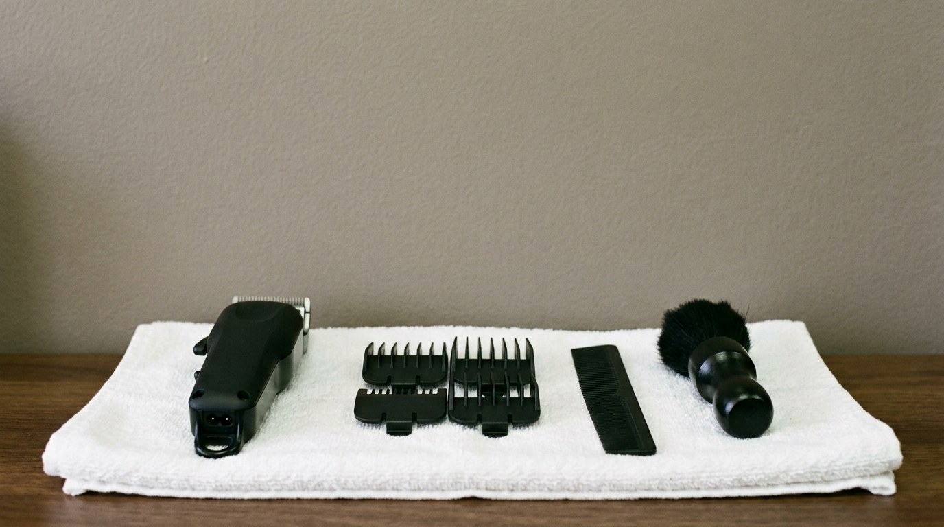 Illustration: a black clipper, clipper guards, a comb and a brush laid out on a folded white towel against a grey wall