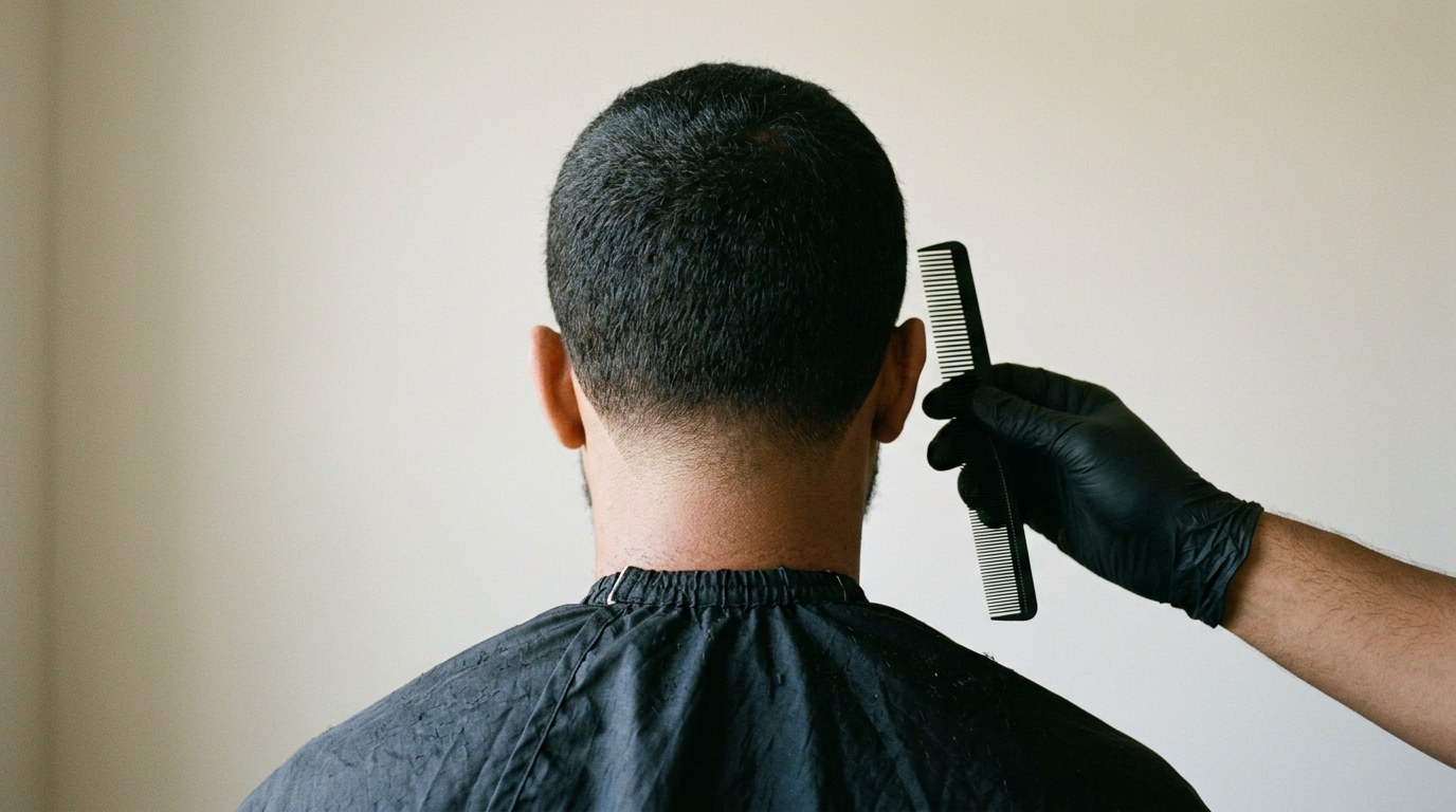 Illustration: from behind, a short haircut tapered at the nape while a barber's hand in a black glove holds a comb